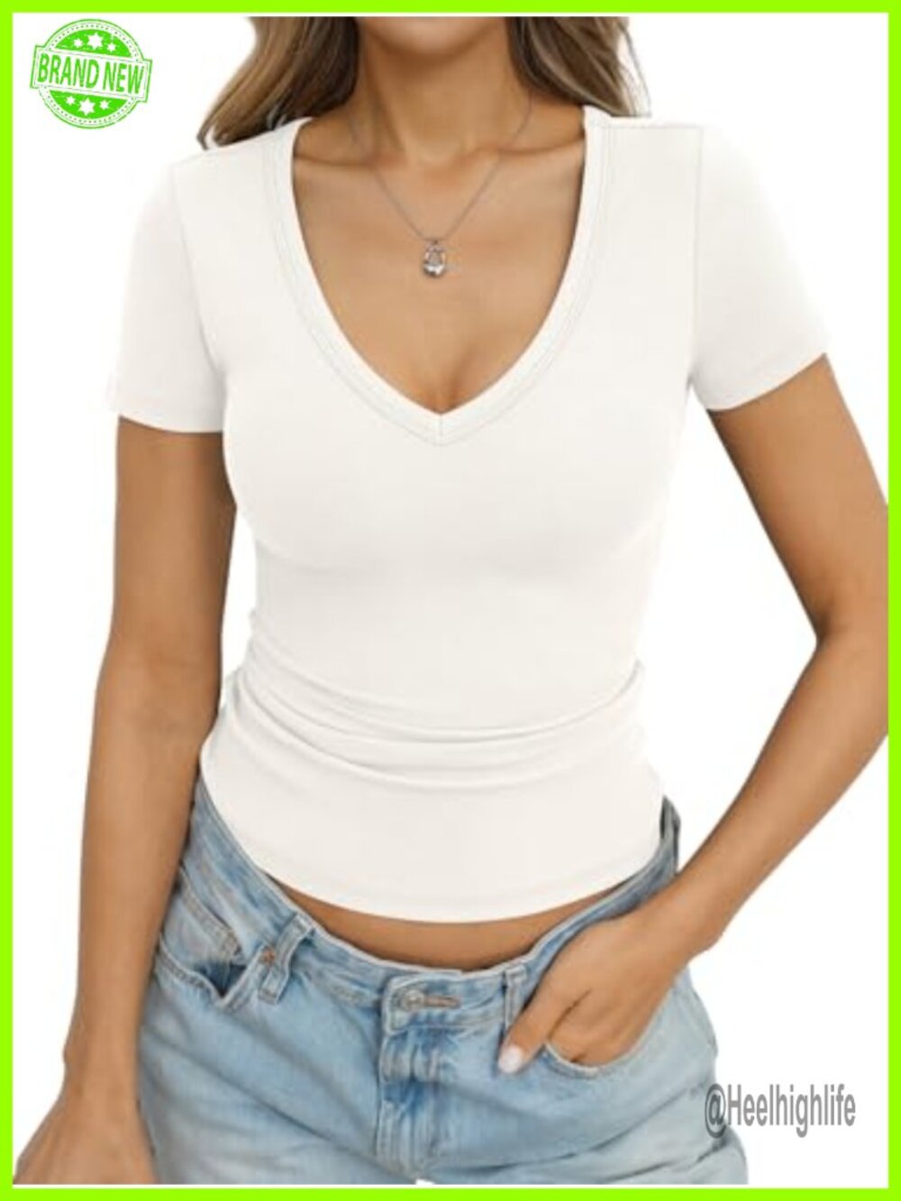 Womens Ribbed Cotton V-Neck Short Sleeve Fitted T-Shirt